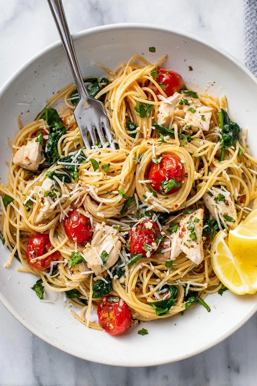 A light plate of spaghetti pasta forms the base with thin, yellowish strands twisted into small nests. Scattered on top are bright red halved cherry tomatoes and chunks of white cooked chicken. Dark green spinach leaves add color contrast, mixed evenly throughout the spaghetti. A sprinkle of grated cheese and bits of chopped green herbs cover the dish lightly. A silver fork rests on the left side, slightly buried in the pasta, with its handle stretching outwards. A lemon wedge sits on the right edge of the white plate, which is placed on a white marbled surface. Photo taken with an iphone --ar 2:3 --v 7 - Creamy Lemon Garlic Chicken Scampi, lemon garlic chicken with spinach and cherry tomatoes, easy chicken and veggie pasta, quick lemon garlic chicken dinner, flavorful chicken scampi dish