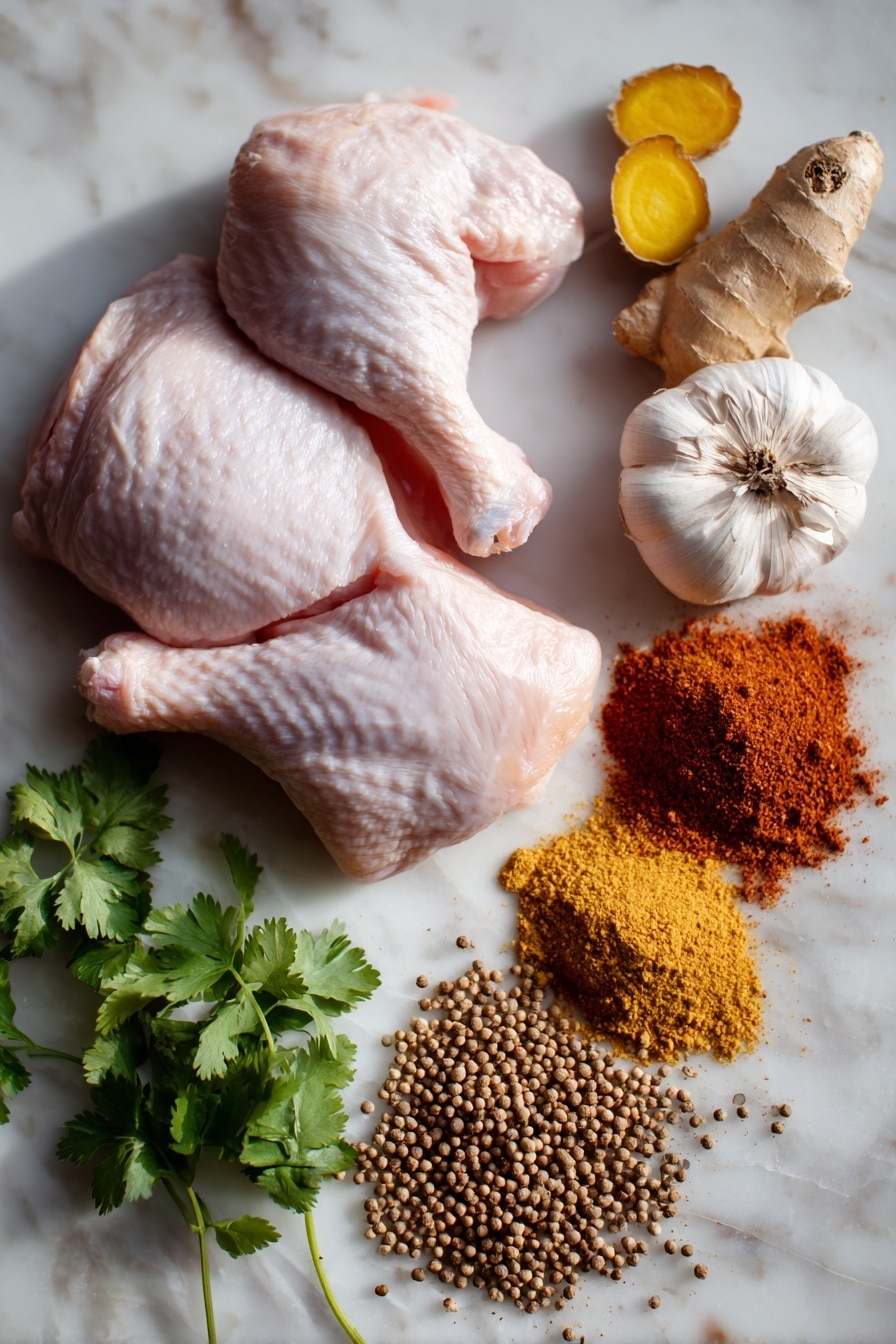 Flat lay of fresh raw chicken quarters with smooth pink skin, bright fresh ginger root with light brown knobby skin and pale yellow flesh exposed, two plump garlic cloves with papery off-white husks, a small heap of vibrant reddish-brown smoked paprika powder, scattered aromatic warm brown cumin seeds, fine dusty cinnamon powder in soft tan shades, a small mound of golden-yellow garam masala powder, and sprigs of fresh green coriander leaves with delicate serrated edges, all naturally arranged with slight overlaps and small shadow play, placed on white marbled surface, photo taken with an iphone --ar 2:3 --v 7 - Authentic Tandoori Chicken, Indian Tandoori Chicken, Spicy Tandoori Chicken, Homemade Tandoori Chicken, Tandoori Chicken Marinade