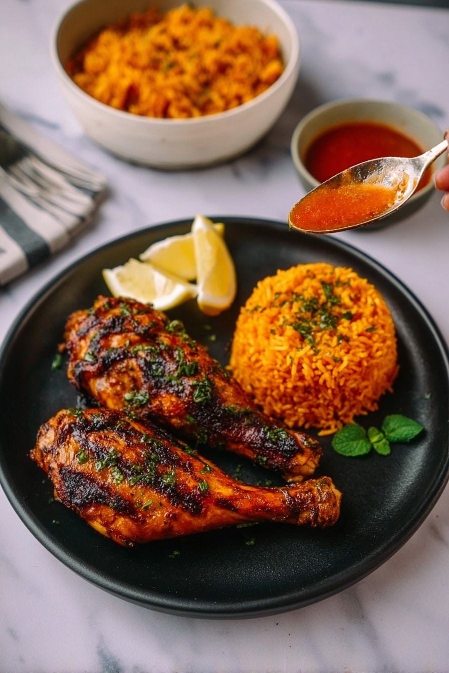 A black plate holds two grilled chicken legs with a dark orange and slightly charred skin, topped with herbs. Next to the chicken legs is a round mound of bright orange rice, garnished with green herbs, and two lemon wedges placed beside the rice. A small green herb leaf is near the rice. To the top left of the plate, there is a white bowl with more orange rice and a white bowl with red sauce positioned on a white marbled surface. A woman’s hand is seen holding a spoon, lifting some rice from the bowl. Photo taken with an iphone --ar 2:3 --v 7 - Authentic Tandoori Chicken, Indian Tandoori Chicken, Spicy Tandoori Chicken, Homemade Tandoori Chicken, Tandoori Chicken Marinade