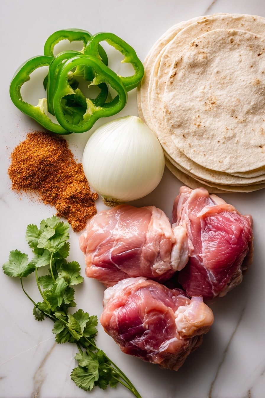 Flat lay of fresh, raw chicken thighs with a rich pink color and marbled fat, vibrant green bell pepper slices showing glossy, smooth skin, thick wedges of crisp white onion with layered texture, a small heap of colorful fajita seasoning powder in warm reds and browns, and soft, uncooked flour tortillas stacked with their pale beige tones and slightly rough edges, all arranged naturally with a few scattered sprigs of fresh cilantro adding bright green leaves and delicate texture, placed on white marbled surface, photo taken with an iphone --ar 2:3 --v 7 - Chicken Fajita Tacos, Delicious Fajita Tacos Recipe, Easy Chicken Fajitas, Quick Dinner Ideas, Flavorful Mexican Tacos
