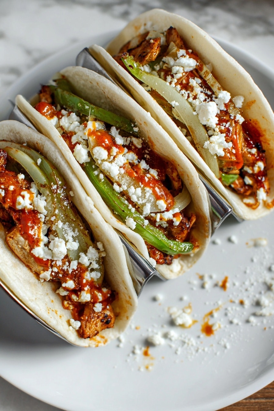 Three soft, white tortillas hold a filling of browned chicken pieces on the bottom, topped with cooked green bell pepper strips and translucent cooked onion slices. A reddish-orange sauce is drizzled over the vegetables, and crumbled white cheese is sprinkled on top. The tacos rest in a metal taco holder, placed on a white plate with some sauce and cheese crumbs around. The plate is set on a white marbled surface. Photo taken with an iphone --ar 2:3 --v 7 - Chicken Fajita Tacos, Delicious Fajita Tacos Recipe, Easy Chicken Fajitas, Quick Dinner Ideas, Flavorful Mexican Tacos