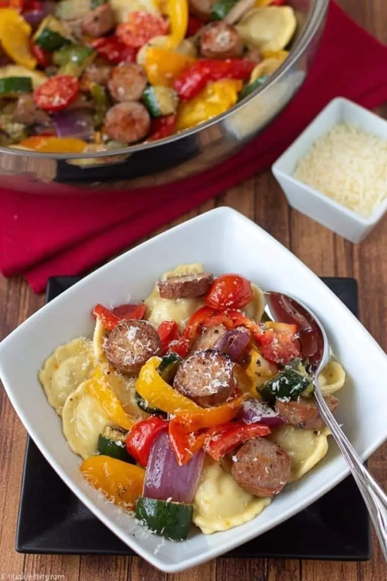 Lightning-Fast Cheesy Three-Pepper Ravioli with Italian Sausage Recipe
