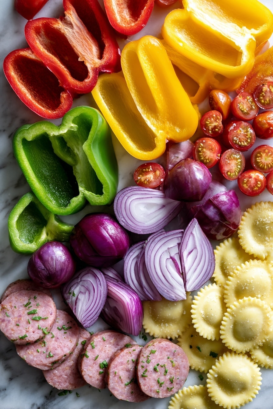 Flat lay of vibrant red, green, and yellow bell peppers cut into large chunks, deep purple-red small onions halved to show their layers, plump shiny red grape tomatoes sliced in halves, slices of pale pink Italian-style chicken sausage with flecks of cheese and herbs, and a handful of round, golden cheese ravioli with delicate ridges visible on their edges, all arranged naturally with a mix of smooth, glossy, and textured surfaces, placed on white marbled surface, photo taken with an iphone --ar 2:3 --v 7 - Lightning-Fast Cheesy Three-Pepper Ravioli with Italian Sausage, quick Italian sausage pasta, easy cheesy pepper ravioli, speedy pepper and sausage dinner, flavorful 20-minute pasta