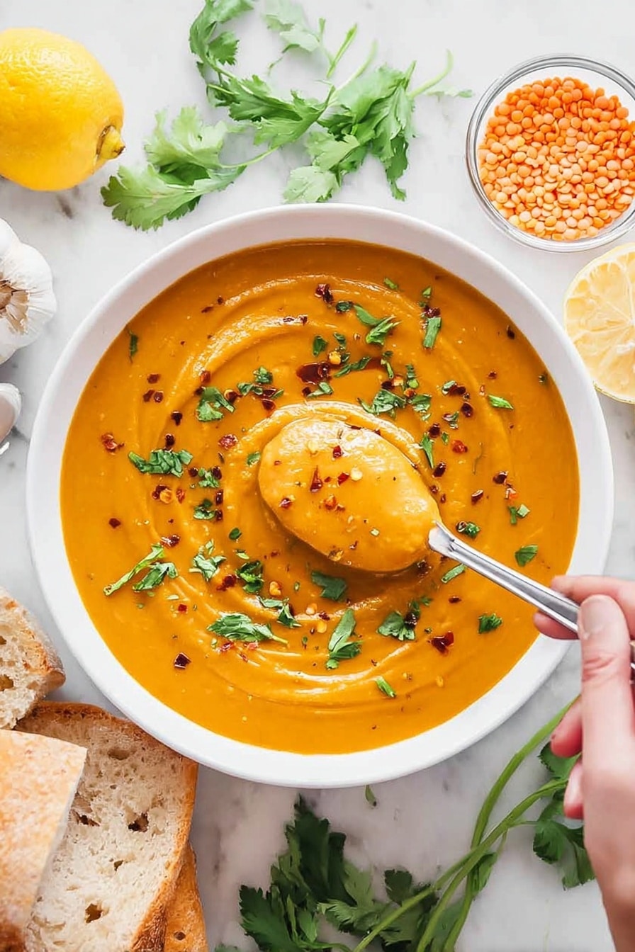 A large blue cooking pot filled with a smooth, thick orange soup covering the entire pot. A woman's hand holds a wooden spoon, stirring the soup which has a creamy texture with small bubbles on the surface. The pot is on a black cooktop set on a white marbled countertop. To the top right, there is a white bowl filled with orange lentils, and to the left, a striped cloth with two garlic bulbs and two garlic cloves resting on it. Photo taken with an iphone --ar 2:3 --v 7 - Creamy Red Lentil Soup, hearty high-protein vegan soup, easy one-pot lentil soup, quick healthy red lentil meal, comforting plant-based soup