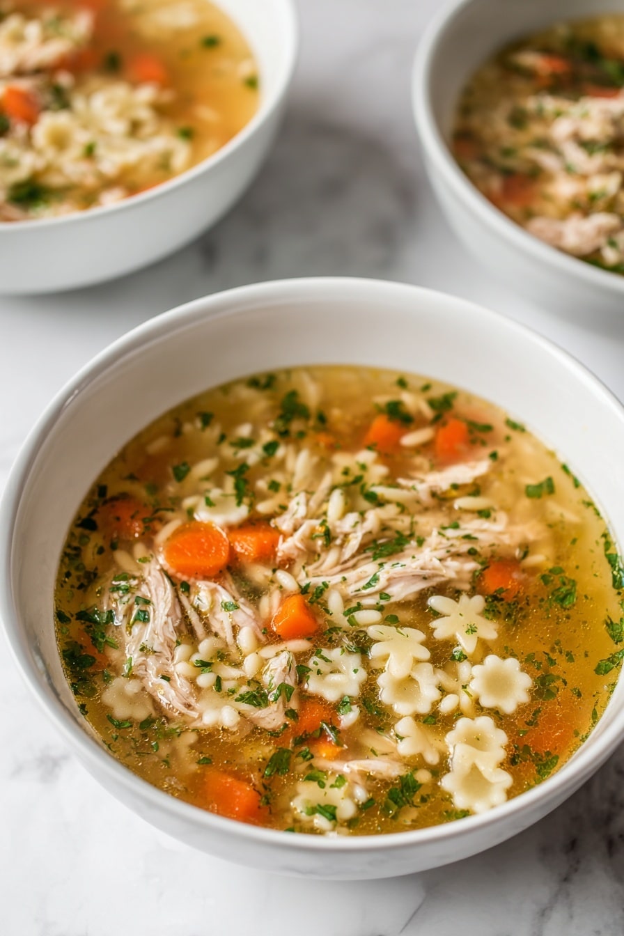 A white bowl filled with a clear broth soup that has small pasta shapes, small diced orange carrots, light yellow celery pieces, and bits of shredded light-colored meat. The soup has a slightly oily surface with a sprinkle of green herbs throughout. A metal spoon rests inside the bowl on the right side, partially submerged in the soup. In the background, there is another white bowl with a similar soup, placed on a white marbled surface. photo taken with an iphone --ar 2:3 --v 7 - Parmesan Chicken Pastina Soup, Italian chicken soup recipe, cheesy chicken noodle soup, comforting pasta soup, easy homemade chicken soup