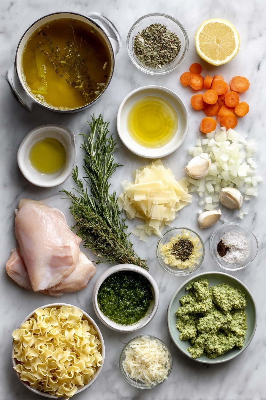 Flat lay of a small bowl of extra virgin olive oil and salted butter, one chopped yellow onion, two sliced shallots, six garlic cloves, four ribs of chopped celery, six chopped carrots, a small pile of fresh thyme leaves, a tablespoon of chopped fresh rosemary, a teaspoon of crushed fennel seeds, a large pot of chicken bone broth, two boneless chicken breasts, a small bowl of chopped broccoli florets, a small bowl of basil pesto, a handful of chopped baby spinach, a lemon wedge with juice dripping, a small heap of egg noodles, a small bowl of chopped parsley, parmesan cheese wedges and fresh dill sprigs placed on a white marble surface, photo taken with an iphone --ar 2:3 --v 7 - Lemony Pesto Chicken Noodle Soup, lemon chicken noodle soup, pesto chicken soup recipe, healthy chicken noodle soup, easy lemon pesto soup