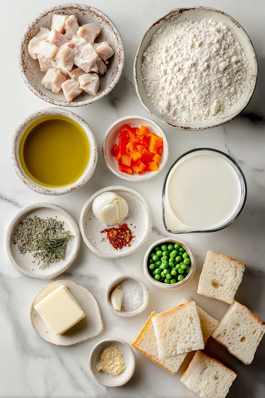 Flat lay of a small bowl of olive oil, a generous pat of unsalted butter, a small heap of flour, one minced garlic clove, half a small brown onion finely chopped, a small diced carrot, half a finely chopped red bell pepper, a small diced celery stick, a rustic bowl of chicken stock, a large glass of milk, a few scattered dried herbs and spices in small dishes, a handful of frozen peas, a cup of cooked diced chicken, and two slices of white bread cut into cubes, all placed on a white marble surface, photo taken with an iphone --ar 2:3 --v 7 - Homemade Cream of Chicken Soup, homemade chicken soup, creamy chicken soup recipe, healthy homemade soup, silky chicken soup