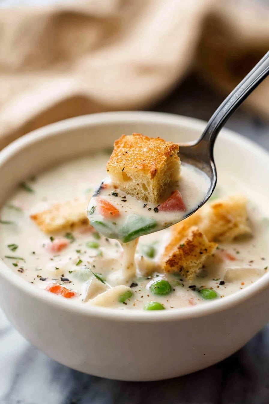 A bowl of creamy white soup fills a white bowl with a smooth texture. On top, there are small green peas and chunks of soft white meat mixed into the soup. Bright orange and red vegetable pieces add color, scattered among fresh green herbs. Golden brown croutons rest on the surface, giving a crispy contrast. The white bowl sits on a white marbled surface. Photo taken with an iphone --ar 2:3 --v 7 - Homemade Cream of Chicken Soup, homemade chicken soup, creamy chicken soup recipe, healthy homemade soup, silky chicken soup