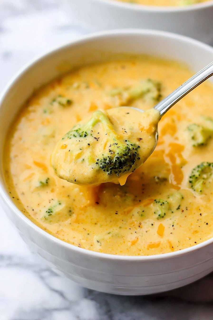 A white bowl filled with creamy yellow broccoli cheese soup sits on a white plate over a white marbled surface. The soup has small green broccoli florets and shredded orange cheese mixed in, with a smooth but thick texture. There is a silver spoon with an ornate handle resting inside the bowl on the right side, partially submerged in the soup. Light black pepper sprinkles are scattered on top, adding small dark spots. The image has soft natural lighting, highlighting the warm and comforting feel of the dish. Photo taken with an iphone --ar 2:3 --v 7 - Vegan Broccoli Cheddar Soup, dairy-free broccoli cheddar soup, plant-based broccoli cheese soup, healthy vegan soup recipes, quick vegan broccoli soup