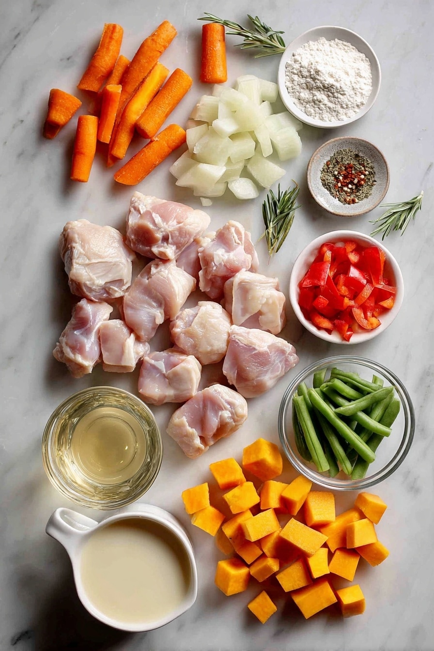 Flat lay of about eight diced boneless skinless chicken thighs, two diced carrots, one small chopped onion, two diced celery ribs, a small mound of all-purpose flour, a few sprigs of dried rosemary and thyme leaves alongside a pinch of ground sage, a handful of diced potatoes and sweet potatoes, half a finely diced red bell pepper, a small glass of white wine, a bowl of chicken broth, a cup of cut green beans, and a small cup of heavy cream placed on a white marble surface, photo taken with an iphone --ar 2:3 --v 7 - Hearty Chicken Stew with Root Vegetables and Cream, chicken stew, root vegetable recipes, creamy chicken stew, comforting fall recipes