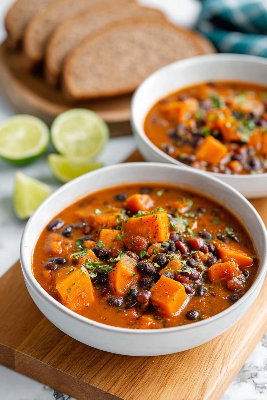 A white bowl filled with a stew made of three layers: bright orange cubes of sweet potato on the bottom and scattered through the stew, a layer of dark black beans mixed with cooked onions and small tomato pieces, all covered in a rich reddish-brown broth, topped with small green chopped herbs in the center. The bowl is placed on a wooden board with two silver spoons on the board behind it, sliced brown bread in the blurred background on a white marbled surface, and a lime wedge with green herbs on the right side. Another white bowl with the same stew is partially visible on the right. Photo taken with an iphone --ar 2:3 --v 7 - Sweet Potato Black Bean Soup Ginger Lime, vegan black bean soup with sweet potatoes, nourishing vegan soup recipes, hearty plant-based soups, easy spicy veggie soup
