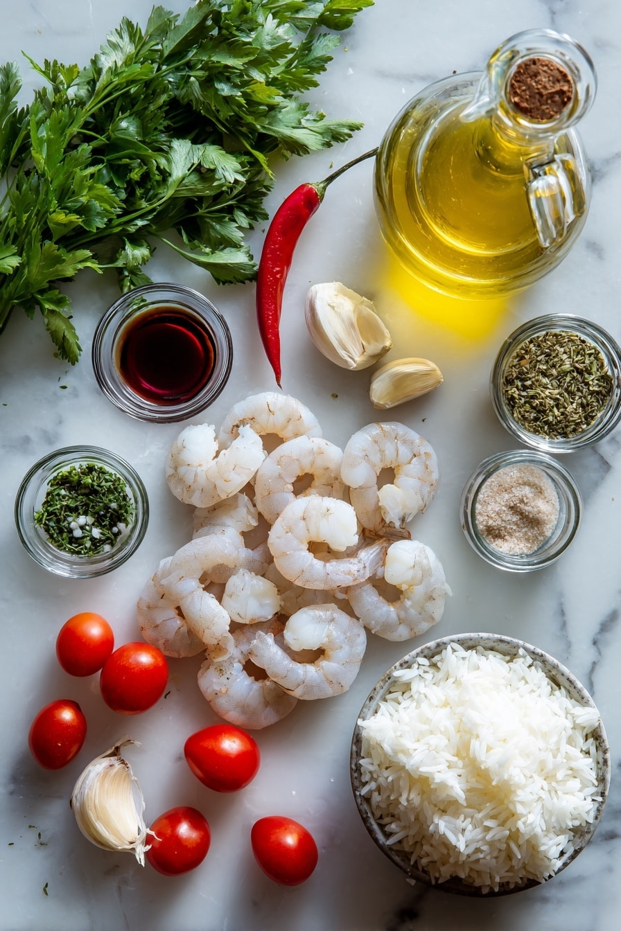 Flat lay of a small bottle of olive oil with some poured out, a couple of tablespoons of red wine vinegar in a tiny glass bowl, a generous handful of fresh parsley, one small red chile, three peeled garlic cloves, a teaspoon of dried oregano in a spice jar, a pinch of salt in a small pile, about a dozen raw jumbo shrimp arranged neatly, a small bowl of creamy tzatziki, a handful of halved cherry tomatoes, and a mound of fluffy white rice, placed on a white marble surface, photo taken with an iphone --ar 2:3 --v 7 - Chimichurri Shrimp with Rice and Tzatziki, flavorful shrimp recipes, quick seafood dinners, healthy dinner ideas, easy shrimp recipes