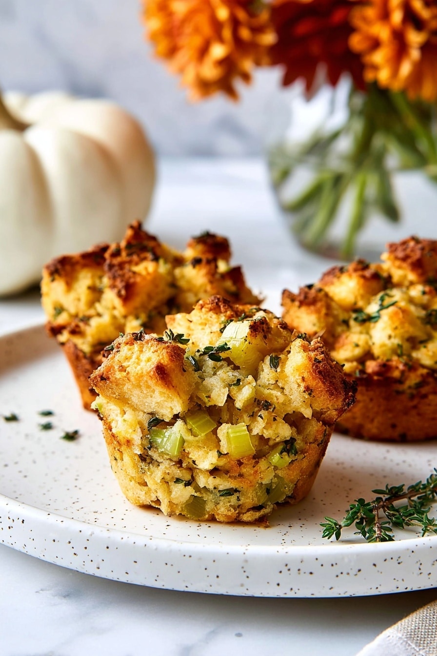 The image shows three savory bread muffins placed on a white plate with small speckles. Each muffin is layered with golden-brown toasted bread cubes mixed with green celery pieces and herbs, making a textured and crispy top layer, while the inside appears soft and slightly crumbly with visible bits of herb leaves throughout. In the background, there is a blurry white pumpkin and orange flowers in a clear vase sitting on a white marbled surface. The lighting is soft, highlighting the warm colors of the muffins and the autumn-themed setting. photo taken with an iphone --ar 2:3 --v 7 - Crispy-Edged Stuffing Muffins, Stuffins, Thanksgiving stuffing ideas, holiday side dishes, easy stuffing muffins