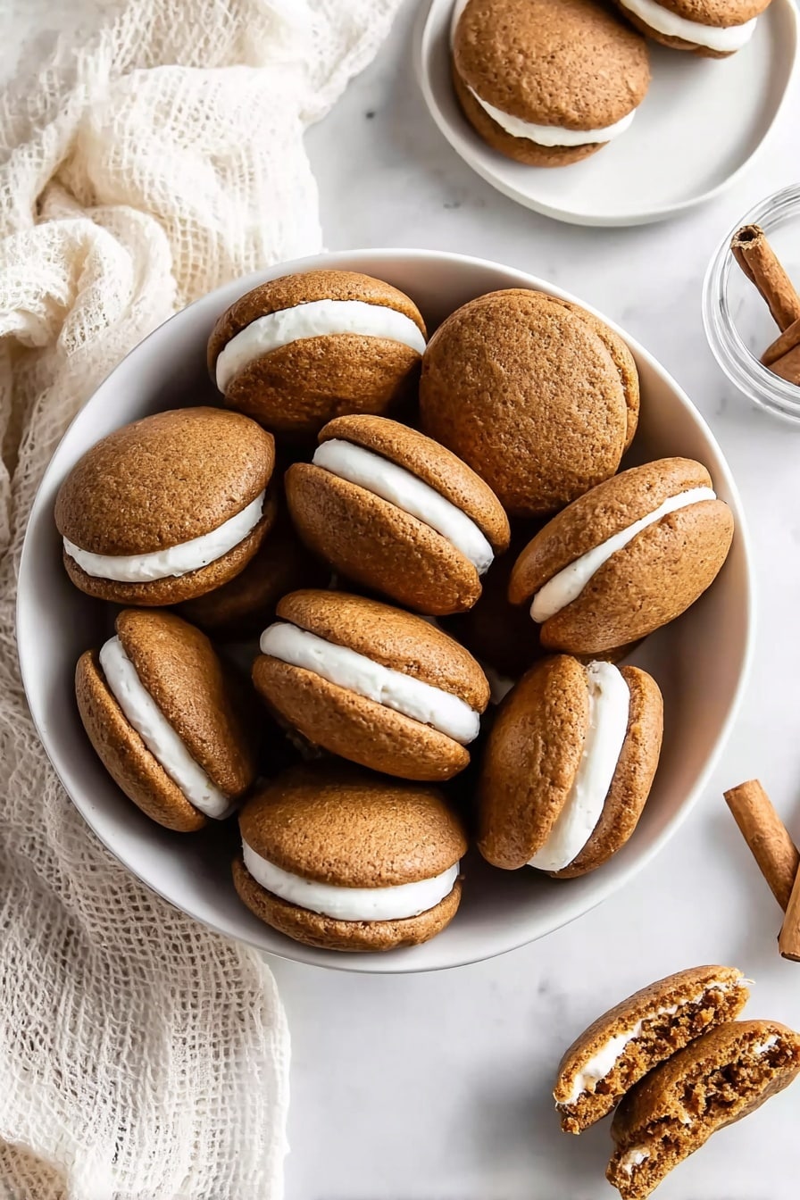A white bowl filled with many sandwich cookies, each made of two round, soft brown layers with a smooth white cream filling in the middle. The cookies look soft and slightly bumpy on the surface. Nearby, on a white marbled surface, there is a white plate with three more cookies, one of which shows the inside with the cream and brown layers visible. In the corner, you see a white and beige cloth and a small glass with cinnamon sticks. The overall scene is light and cozy, with warm tones. photo taken with an iphone --ar 2:3 --v 7 - Easy Pumpkin Whoopie Pies, Pumpkin Whoopie Pies Recipe, Fall Pumpkin Cookies, Pumpkin Pie Cookies, Pumpkin Spiced Treats