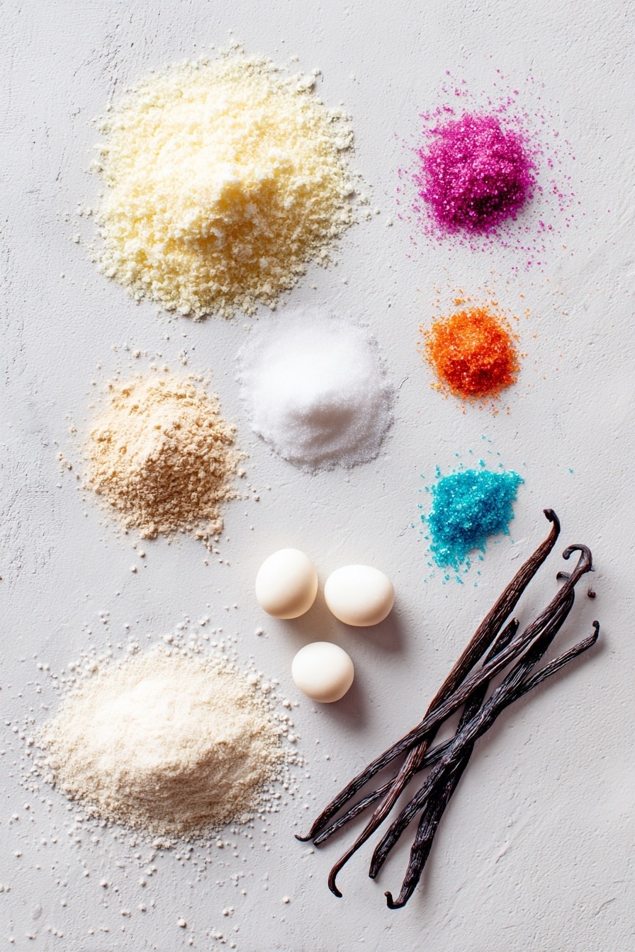 Flat lay of smooth egg whites in a small mound, delicate almond flour dusted lightly, a heap of fine superfine sugar sparkling softly, silky confectioners’ sugar piled gently, tiny drops of colorful gel food coloring in vibrant hues, a small pile of cream of tartar powder, and a few vanilla pods arranged elegantly, all placed on a white marble surface, photo taken with an iphone --ar 2:3 --v 7 - French Macarons, how to make French Macarons, authentic French Macarons recipe, homemade French Macarons, French Macarons tips