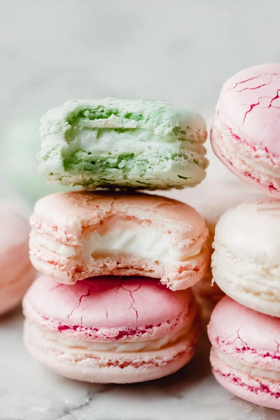 The image shows a close-up of several macarons stacked together on a white marbled surface. Two macarons in the front each have a bite taken out of them, revealing creamy white filling inside. The top bitten macaron is light green with a cracked, slightly rough texture on the shell, while the one below it is a soft pink with a similar cracked texture. To the right, there is a small stack of unbitten macarons in shades of pink, showing smooth shells and creamy white filling between two layers. The soft light highlights the delicate texture and pale colors of the macarons. photo taken with an iphone --ar 2:3 --v 7 - French Macarons, how to make French Macarons, authentic French Macarons recipe, homemade French Macarons, French Macarons tips