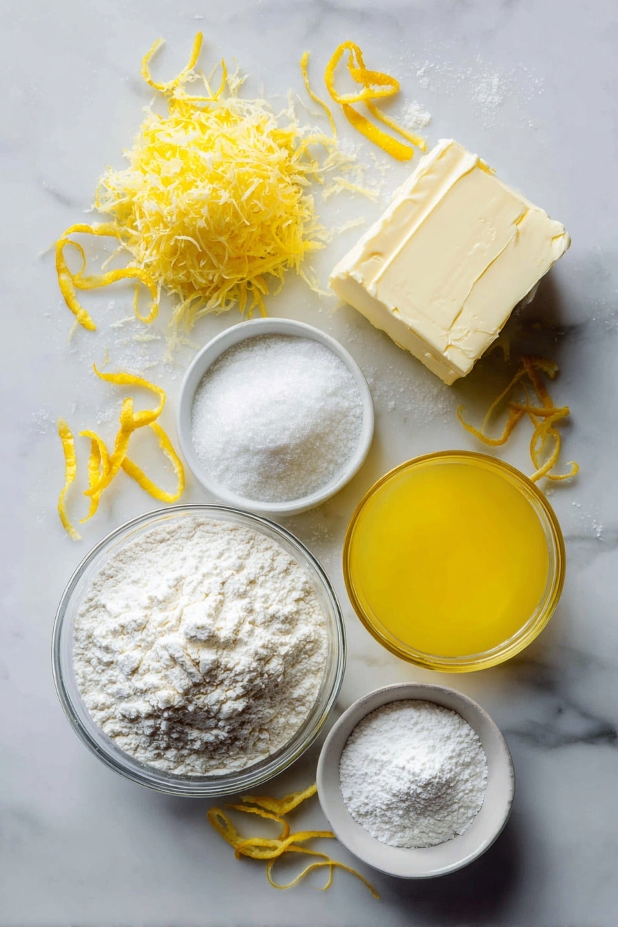 Flat lay of soft unsalted butter, granulated sugar crystals, bright fresh lemon zest curls, smooth all-purpose flour piles, fine white powdered sugar, small mound of cornstarch powder, and a glass of freshly squeezed lemon juice with vibrant yellow hues, all beautifully arranged with a few scattered lemon zest strips, placed on a white marble surface, photo taken with an iphone --ar 2:3 --v 7 - Lemon Meltaway Cookies, Lemon Cookies Recipe, Easy Lemon Cookies, Soft Lemon Cookies, Summer Dessert Recipes