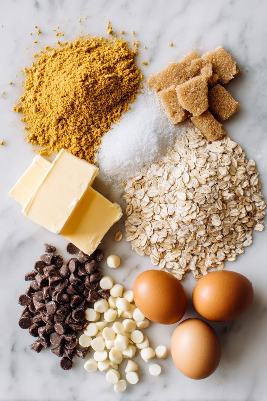 Flat lay of golden unsalted butter, light brown sugar packed in a small heap, bright butterscotch pudding mix packet opened with powder spilling slightly, quick oats scattered artfully, plump butterscotch chips, rich semi-sweet chocolate chips, creamy white chocolate chips, and smooth vanilla beans, all beautifully arranged with a few fresh eggs nearby, placed on a white marble surface, photo taken with an iphone --ar 2:3 --v 7 - Butterscotch Pudding Cookies with Chocolate Chips and White Chocolate Chips, best butterscotch pudding cookies, soft chocolate chip cookies, easy cookie recipes, homemade dessert ideas