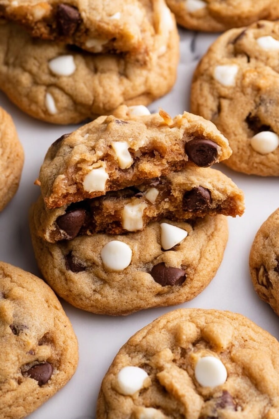 The image shows several soft cookies stacked on a white marbled surface. One cookie is split in half and placed on top of another cookie in the center, showing a soft and chewy inside with visible white, dark brown, and light brown chips mixed throughout the golden-brown dough. The whole cookies surrounding it are round, slightly bumpy, and dotted with dark brown, white, and light brown chips scattered across their tops. The overall look is warm and inviting with a variety of chip colors adding contrast to the golden cookie dough. Photo taken with an iphone --ar 2:3 --v 7 - Butterscotch Pudding Cookies with Chocolate Chips and White Chocolate Chips, best butterscotch pudding cookies, soft chocolate chip cookies, easy cookie recipes, homemade dessert ideas