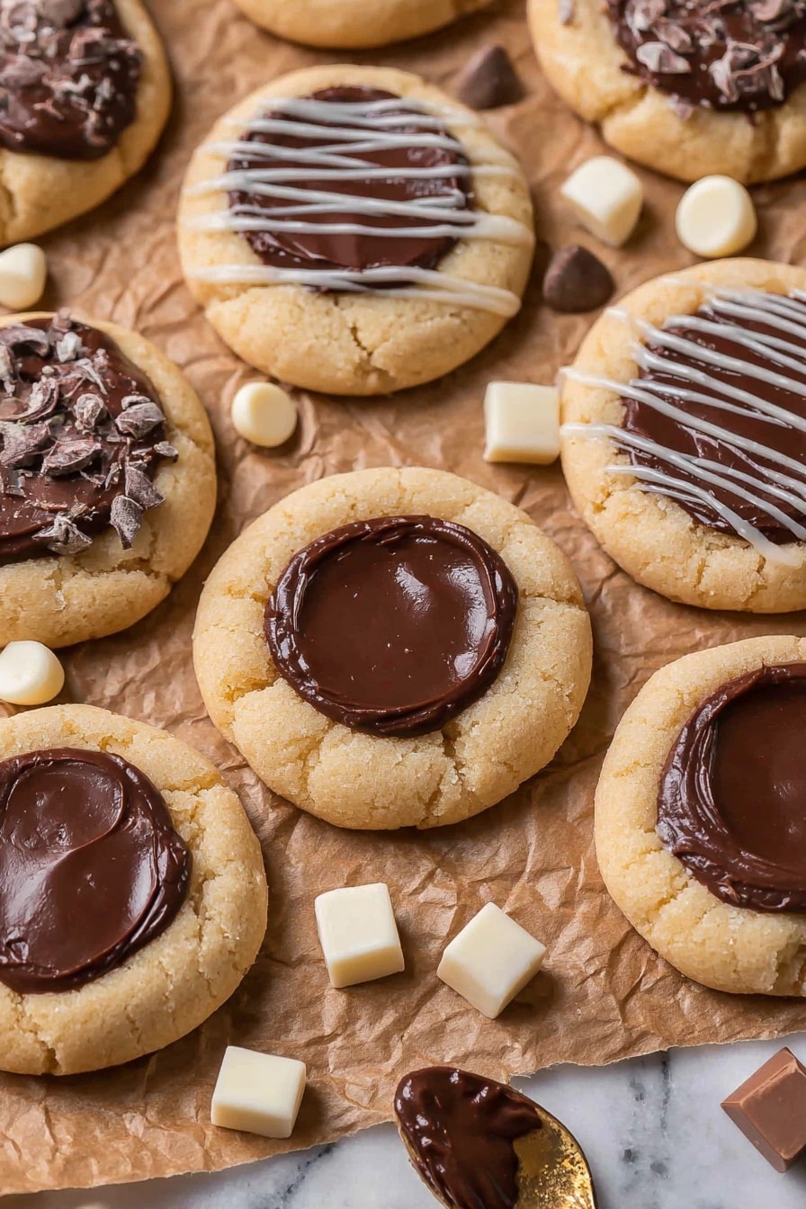 The image shows a group of round cookies on crinkled brown parchment paper placed on a white marbled surface. The cookies have a pale, light golden dough base about one layer thick, with a smooth, dark brown chocolate circle spread in the center of each cookie. Some cookies are decorated with thin zigzag lines of white and dark chocolate drizzled on top in a second layer. Scattered around the cookies are small white chocolate drops and square dark chocolate pieces. A small part of a gold spoon with some chocolate on it is visible in the bottom right corner. Photo taken with an iphone --ar 2:3 --v 7 - Nutella Thumbprint Cookies, easy Nutella cookie recipe, chocolate filled cookies, buttery Nutella cookies, homemade Nutella thumbprint treats