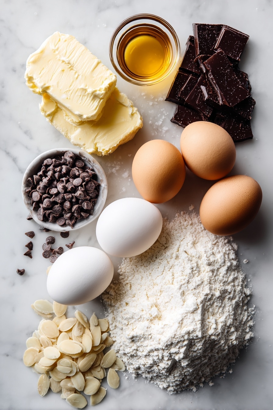 Flat lay of soft unsalted butter, granulated sugar sparkling in a small pile, three large fresh eggs with smooth shells, a small glass of golden vanilla extract, heaps of all-purpose flour dusted lightly, a scattering of slivered almonds with a rich texture, mini chocolate chips glistening dark, and glossy dark chocolate melting wafers, all beautifully arranged and contrasting on a white marble surface, photo taken with an iphone --ar 2:3 --v 7 - Chocolate Chip and Almond Biscotti, biscotti with chocolate chips and almonds, crunchy biscotti recipes, homemade almond biscotti, Coffee pairings with biscotti