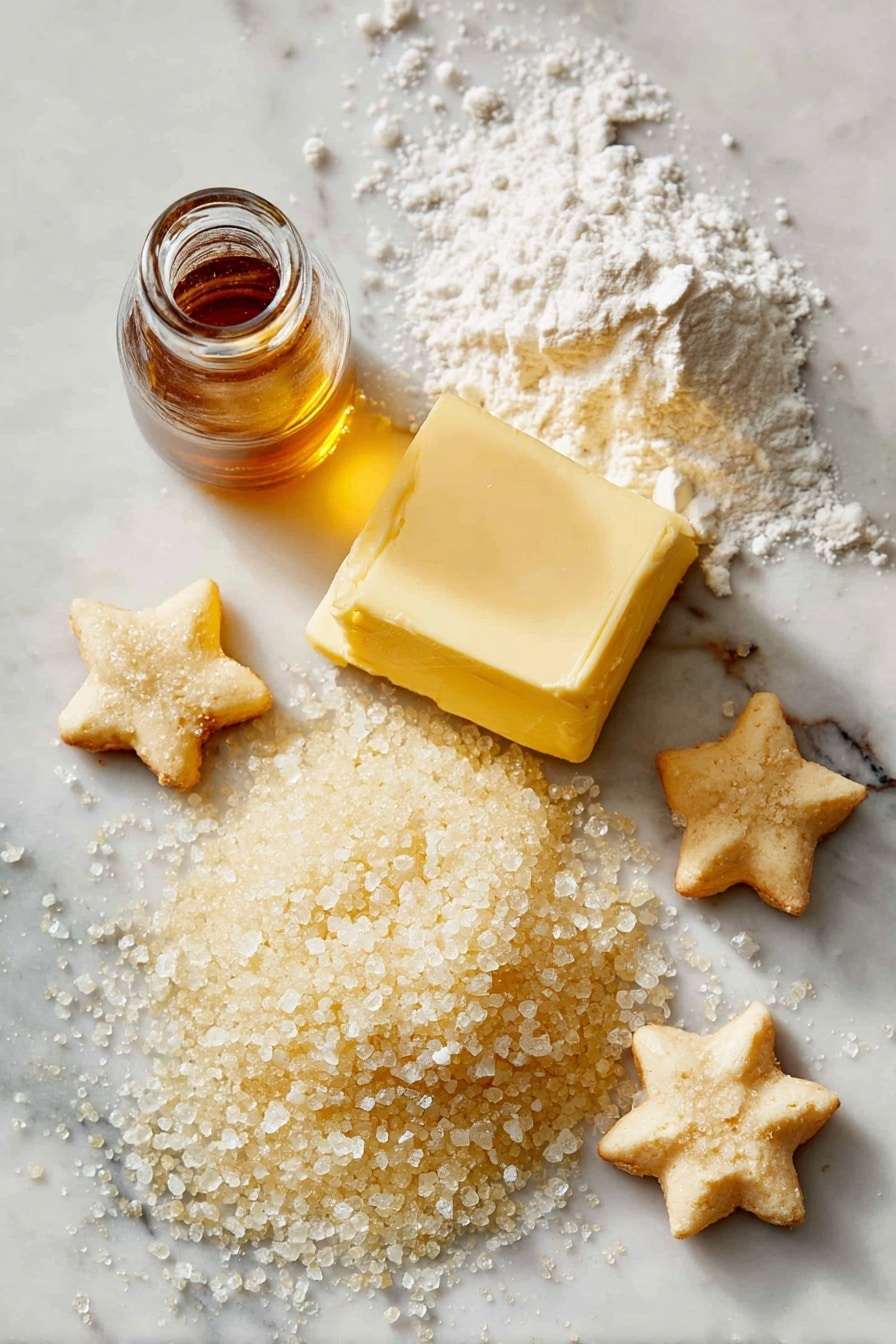 Flat lay of soft butter at room temperature, a small heap of powdered sugar, a tiny glass bottle of vanilla extract, fine cake flour scattered lightly, a few delicate star-shaped piped butter cookies, and a sprinkle of granulated sugar crystals beautifully arranged in a natural, inviting way, placed on a white marble surface, photo taken with an iphone --ar 2:3 --v 7 - Danish Butter Cookies, easy Danish cookies, classic Danish cookie recipe, buttery cookie recipes, simple butter cookies