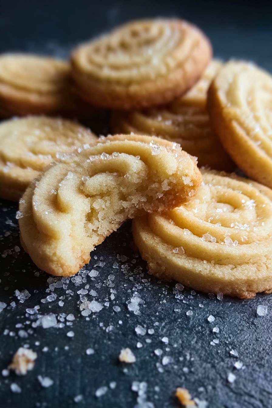 The image shows a close-up of several light golden brown, round cookies with a spiral pattern and a slightly rough texture on a dark surface sprinkled with large sugar crystals. One cookie in the front is broken in half, revealing a soft and crumbly inside with a pale beige color. The cookies have a slightly crisp edge and a soft center, with visible sugar crystals on top adding sparkle. In the background, a white marbled surface is visible. photo taken with an iphone --ar 2:3 --v 7 - Danish Butter Cookies, easy Danish cookies, classic Danish cookie recipe, buttery cookie recipes, simple butter cookies