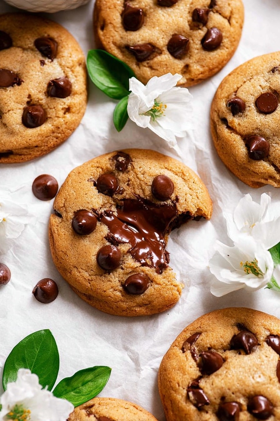 The image shows a group of golden brown chocolate chip cookies with a soft texture, arranged on a white marbled surface covered with pale white parchment paper. Each cookie is dotted with dark, glossy chocolate chips that create contrast against the warm cookie dough. One cookie is broken, revealing a melted chocolate center with a smooth, shiny texture. Around the cookies, there are several white flowers with green leaves, adding freshness and color to the scene. The photo taken with an iphone --ar 2:3 --v 7 - Nutella Stuffed Cookies, indulgent chocolate cookies, easy Nutella cookie recipe, molten Nutella dessert, chewy and crispy cookies