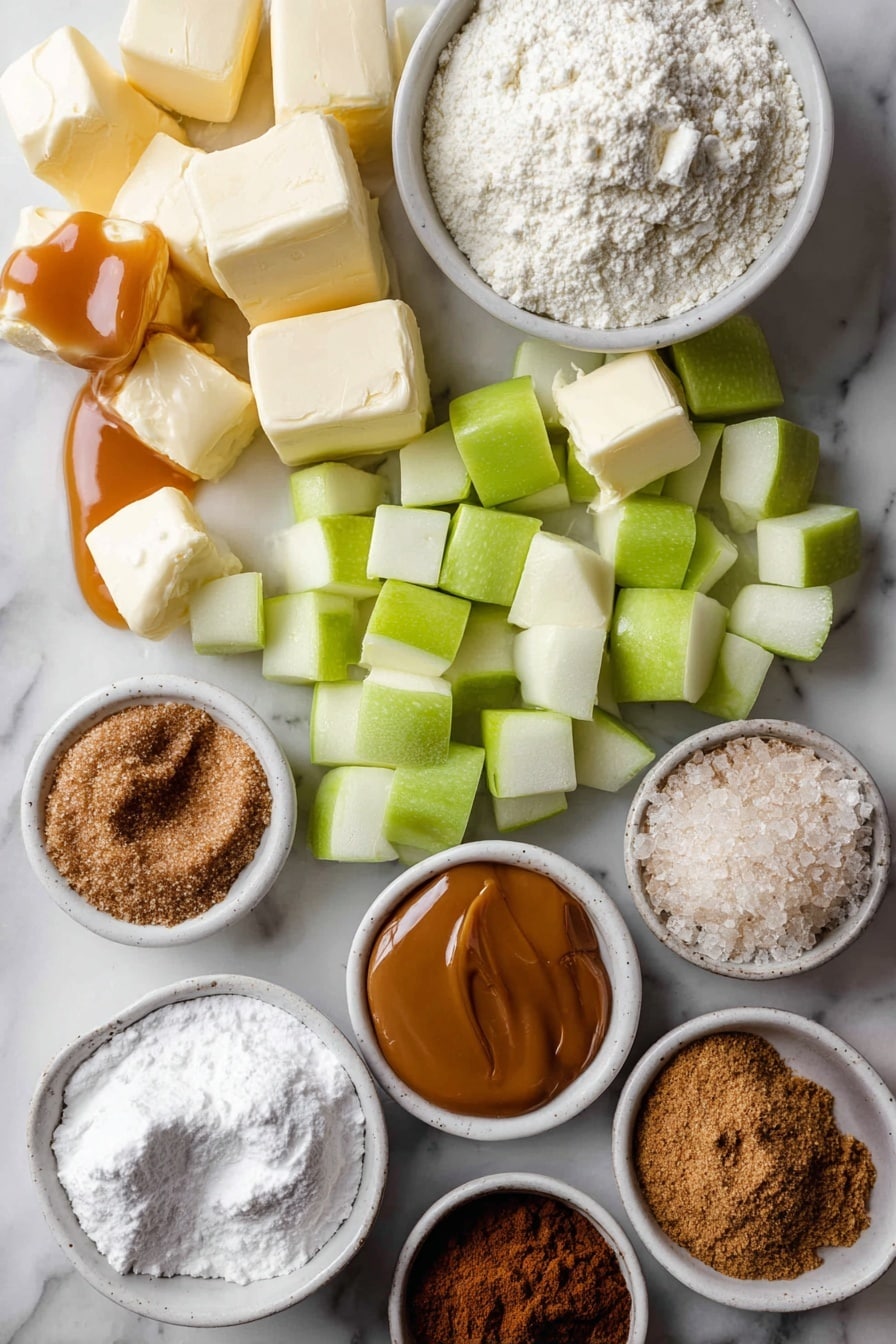 Flat lay of soft cubes of cold butter, scoops of creamy softened butter and cream cheese, glistening caramel sauce drizzled artistically, bright green apple cubes, small piles of granulated sugar and dark brown sugar, dustings of cinnamon and nutmeg powder, scattered all-purpose flour, and a rich scoop of powdered sugar, all beautifully arranged on a white marble surface, photo taken with an iphone --ar 2:3 --v 7 - Caramel Apple Cookies, Crumbl Copycat Cookies, Fall Dessert Recipes, Soft Cinnamon Cookies, Apple and Caramel Cookies