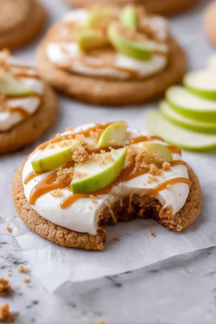 A single round cookie with a light brown color forming the base layer has a bite taken out of its side, showing a soft texture inside. On top of the cookie is a thick layer of smooth white cream, spread evenly. Scattered on the cream are small, light brown crumbly bits that add texture. Small green apple pieces with a shiny surface sit on the crumbs. Drizzled over everything is a caramel-colored sauce in thin lines across the top. The cookie rests on a piece of white parchment paper on a white marbled surface, with blurred cookies and green apple slices in the background. Photo taken with an iphone --ar 2:3 --v 7 - Caramel Apple Cookies, Crumbl Copycat Cookies, Fall Dessert Recipes, Soft Cinnamon Cookies, Apple and Caramel Cookies