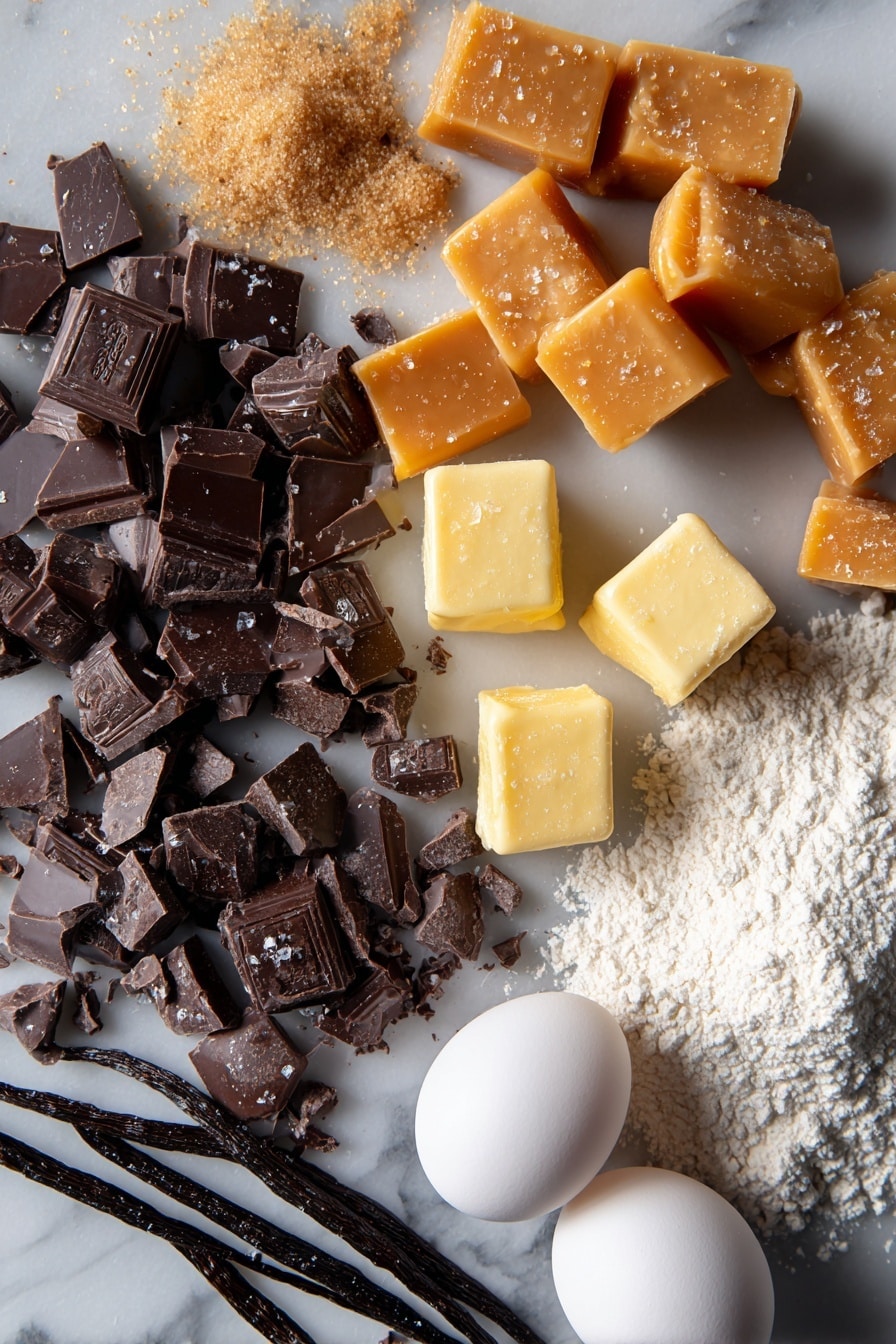 Flat lay of coarsely chopped dark chocolate chunks, golden hard caramel pieces shimmering with a glossy finish, light brown sugar crystals in a small pile, creamy unsalted butter cubes, whole vanilla beans split open showing tiny seeds, glossy large eggs with smooth shells, scattered sea salt flakes catching the light, and a heap of soft all-purpose flour, all beautifully arranged with balanced spacing and natural light highlights, placed on a white marble surface, photo taken with an iphone --ar 2:3 --v 7 - Chewy Salted Caramel Chocolate Chip Cookies, salted caramel cookie recipe, chocolate chip cookie with caramel, homemade chewy cookies, best caramel chocolate cookies