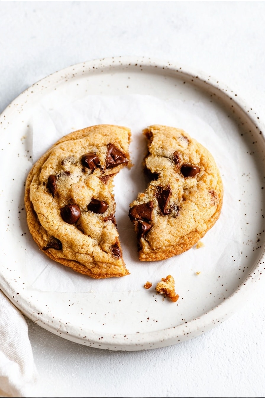 A round cookie with a light golden-brown color is placed on a square white paper on a white plate with a speckled rim. The cookie is broken into two uneven halves, showing a soft and slightly chewy texture with melting dark chocolate chips inside. The background is a white marbled texture, and part of a white cloth is visible on the side. photo taken with an iphone --ar 2:3 --v 7 - Chewy Salted Caramel Chocolate Chip Cookies, salted caramel cookie recipe, chocolate chip cookie with caramel, homemade chewy cookies, best caramel chocolate cookies