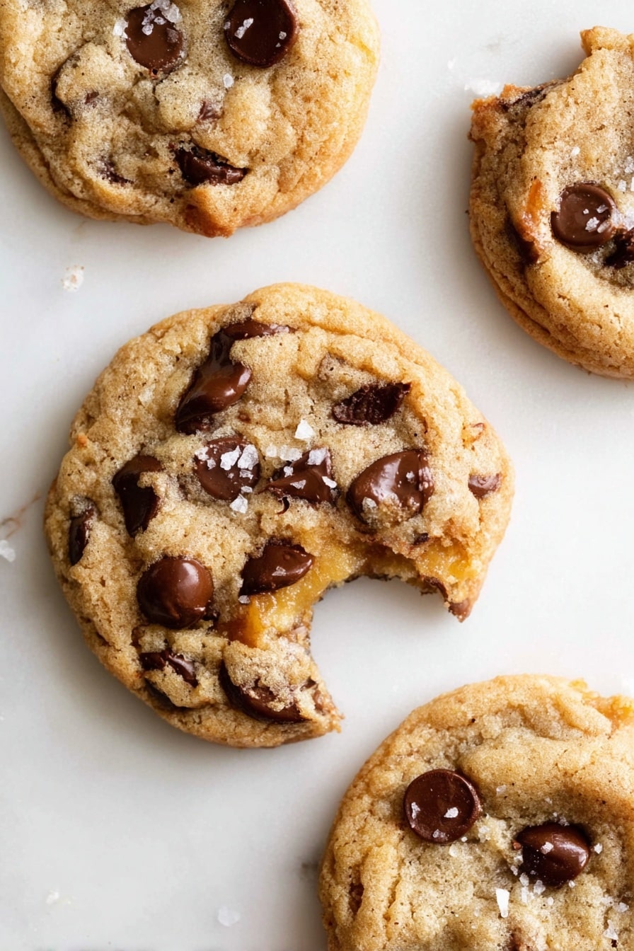 The image shows four soft chocolate chip cookies placed directly on a white marbled surface. One cookie in the center has a bite taken out of it, revealing a slightly chewy, light brown inside with melted chocolate chips. The cookies have a rough, uneven texture typical of homemade treats with golden-brown edges and darker chocolate chips scattered on top. Small grains of sea salt are sprinkled on one of the cookies, adding a subtle contrast to the smooth chocolate and crumbly dough. photo taken with an iphone --ar 2:3 --v 7 - Chewy Salted Caramel Chocolate Chip Cookies, salted caramel cookie recipe, chocolate chip cookie with caramel, homemade chewy cookies, best caramel chocolate cookies