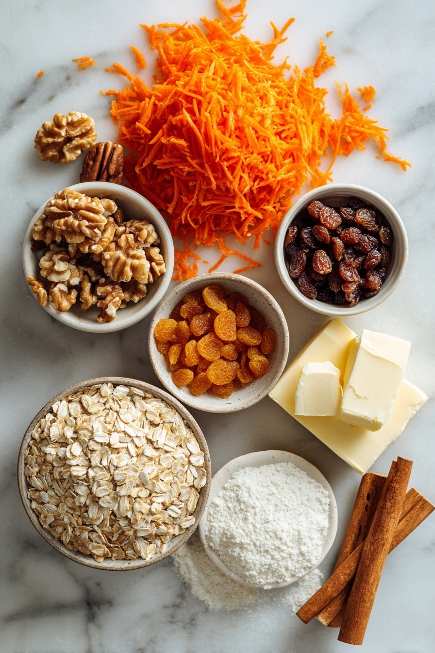 Flat lay of bright orange shredded carrots, plump golden raisins, chopped walnut halves, rustic old-fashioned oats, a mound of light brown sugar, smooth cream cheese, sticks of unsalted butter, and a small pile of warm brown cinnamon and nutmeg spices, all beautifully arranged with soft natural light and gentle shadows, placed on a white marble surface, photo taken with an iphone --ar 2:3 --v 7 - Carrot Cake Cookies with Cream Cheese Frosting, carrot cake cookie recipe, easy carrot cake cookies, moist carrot cake cookies, homemade carrot cake cookies
