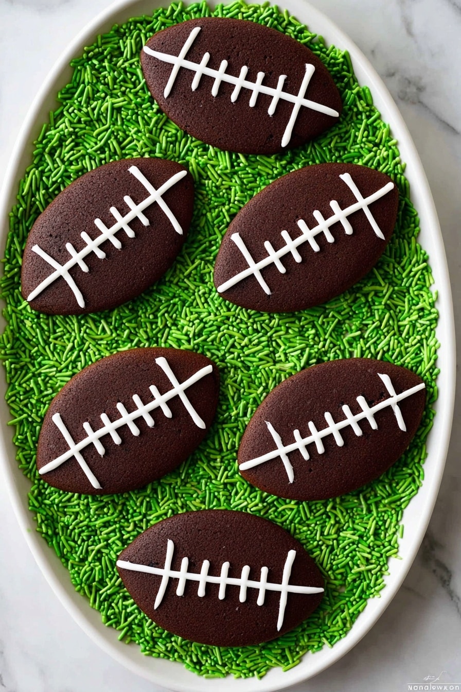 The image shows a white oval plate filled with bright green sprinkles as the base layer, creating a textured and vibrant background. On top of the sprinkles, there are six football-shaped chocolate cookies arranged evenly across the plate. Each cookie is dark brown with a smooth surface and decorated with white icing lines that mimic the stitching of a football, including three vertical laces in the center and curved side lines. The overall look is playful and festive, with clear contrast between the dark cookies and the bright green sprinkles, set against a white marbled surface. Photo taken with an iphone --ar 2:3 --v 7 - Chocolate Football Cookies, football cookies for parties, easy football cookie recipe, decorated football cookies, game day cookie ideas