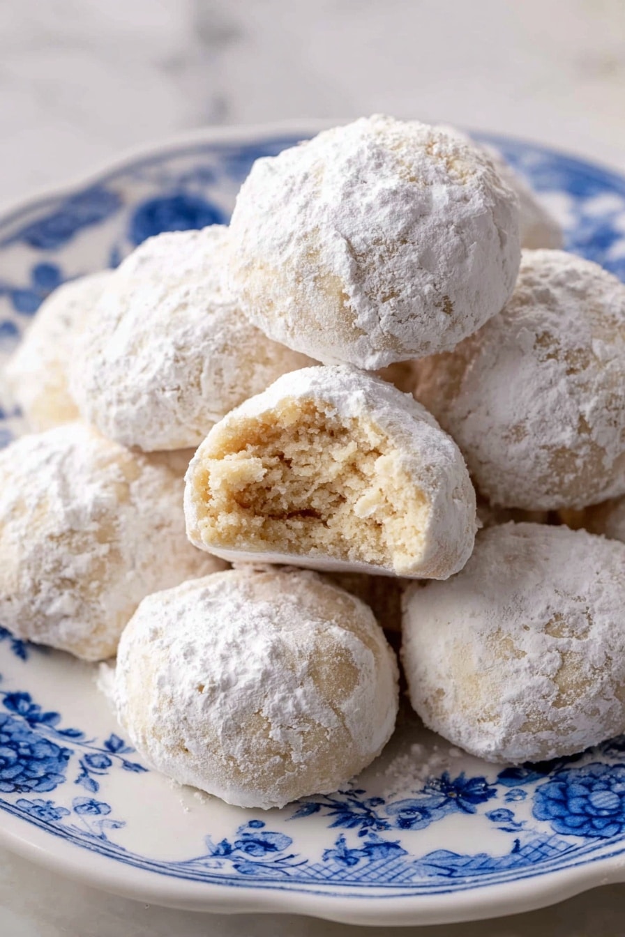 A pile of round cookies covered in white powdered sugar sits on a white plate with blue floral patterns. The cookies have a soft, slightly crumbly texture visible through one cookie that has a bite taken out of it, showing a pale beige inside. The powdered sugar coats each cookie evenly, creating a soft, snowy layer on top. The plate is placed on a white marbled surface. photo taken with an iphone --ar 2:3 --v 7 - Mexican Wedding Cookies, Polvorones, traditional Mexican cookies, buttery holiday cookies, crumble pecan cookies