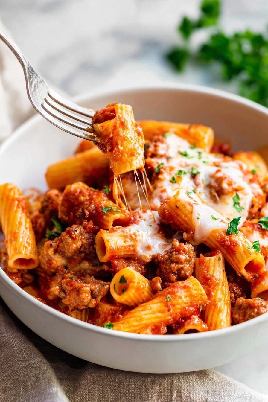 The image shows a white bowl filled with rigatoni pasta covered in a bright red tomato sauce mixed with browned sausage pieces. On top, melted white cheese is stretched over some pasta, with small green parsley leaves scattered for garnish. A silver fork is inserted into the bowl, pulling some pasta and cheese up. The bowl rests on a light beige cloth on a white marbled background, with some green parsley leaves partially visible to the side. Photo taken with an iphone --ar 2:3 --v 7 - Slow Cooker Baked Ziti, baked ziti with sausage, easy slow cooker pasta, comfort food recipes, Italian casserole