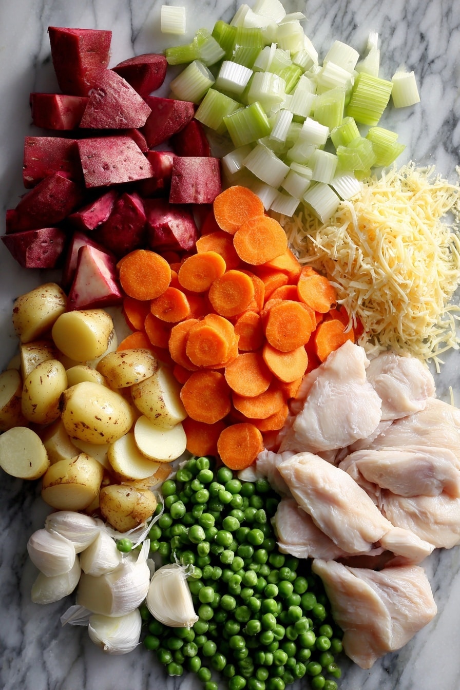 Flat lay of vibrant red potato chunks, thinly sliced bright orange carrots, crisp green celery pieces, finely chopped white onion, peeled garlic cloves, fresh green peas, tender raw chicken breasts, and a small pile of shredded pale yellow Parmesan cheese, all beautifully arranged on a white marble surface, photo taken with an iphone --ar 2:3 --v 7 - Slow Cooker Garlic Parmesan Chicken Stew, Healthy slow cooker chicken recipes, Comfort food chicken stew, Easy garlic parmesan chicken dish, Hearty slow cooker dinner