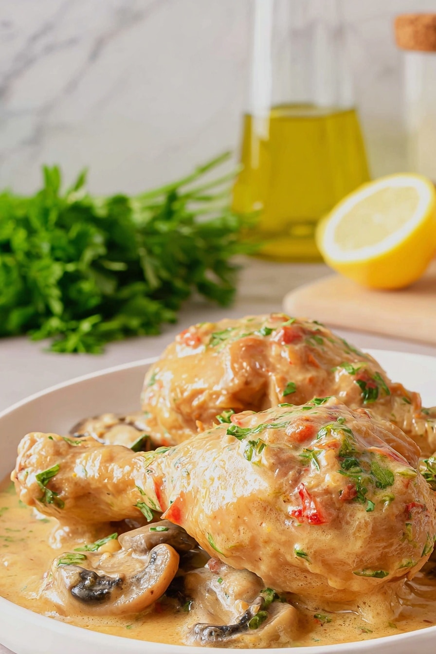 The image shows two chicken drumsticks covered in a thick, creamy light brown sauce with small pieces of red and green herbs or vegetables. The drumsticks rest on a white plate with sliced mushrooms and some green parsley for garnish. The sauce has a smooth texture and slightly glossy finish, pooling around the base of the drumsticks. Behind the plate, there is a blurred background featuring a bunch of green herbs, a glass container with yellow oil, and a lemon half, all placed on a white marbled surface. Photo taken with an iphone --ar 2:3 --v 7 - Slow Cooker Creamy Chicken and Mushrooms, chicken and mushroom dinner, easy slow cooker chicken recipe, comforting chicken thigh meal, flavorful creamy chicken dish