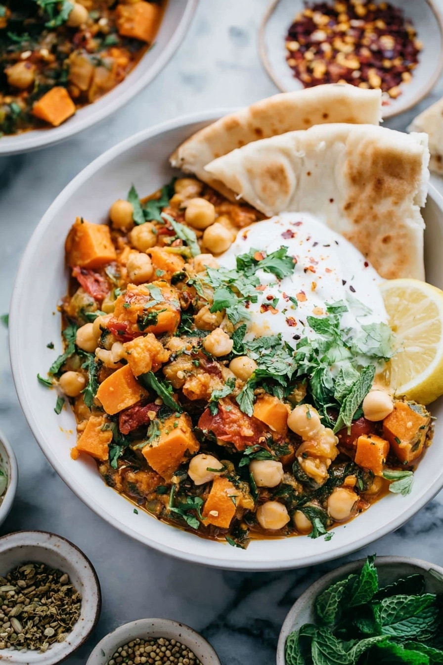 A white bowl filled with a colorful chickpea dish that has orange sweet potato chunks, green herbs like cilantro, and small pieces of tomato mixed in. A dollop of white yogurt is on one side, topped with cilantro. A lemon wedge is placed beside the yogurt, and two pieces of soft, lightly browned pita bread are tucked on the side of the bowl. The bowl sits on a surface with a white marbled texture, surrounded by small dishes holding red pepper flakes, fresh green mint leaves, and mustard seeds. Photo taken with an iphone --ar 2:3 --v 7 - Indian Chickpea Sweet Potato Stew, vegan gluten-free Indian stew, hearty plant-based Indian recipes, healthy chickpea and sweet potato stew, comforting vegan Indian dishes