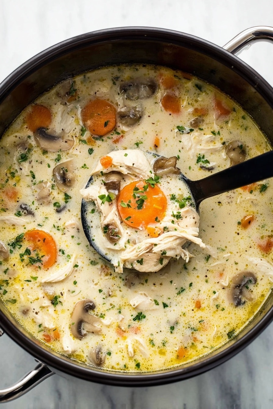 The image shows a black pot filled with creamy chicken soup made of several visible layers. The soup has white creamy broth with floating pieces of shredded white chicken, sliced orange carrots, and soft brown mushrooms scattered evenly throughout. Small bits of green herbs are sprinkled on top, adding color contrast. A black ladle dips into the soup from the upper right, scooping up a portion with a carrot slice, chicken pieces, mushroom, and broth. The pot sits on a white marbled surface. photo taken with an iphone --ar 2:3 --v 7 - Easy Chicken Stew, chicken stew recipe, quick chicken stew, hearty chicken stew, comforting dinner ideas