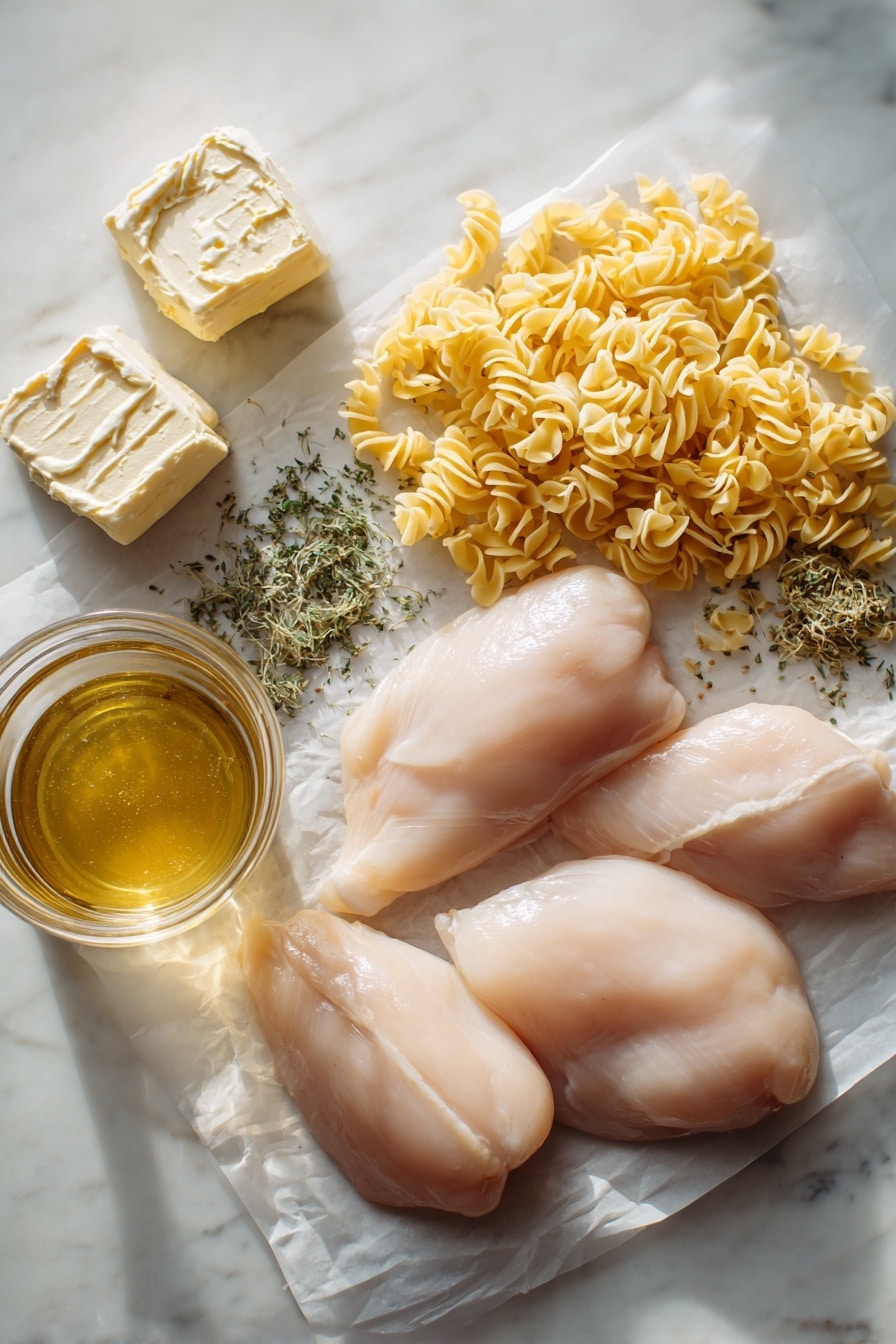 Flat lay of raw boneless, skinless chicken breasts, two unopened cans of cream of chicken soup, dried parsley sprinkled loosely, pale yellow stick of butter sliced into pats, uncooked curly egg noodles arranged in small piles, and a clear glass jar filled with golden chicken broth, all beautifully arranged with natural light highlighting their textures, placed on a white marble surface, photo taken with an iphone --ar 2:3 --v 7 - Crockpot Chicken and Noodles, slow cooker chicken and noodles, homemade chicken noodle dinner, cozy crockpot chicken dish, easy chicken and noodles recipe