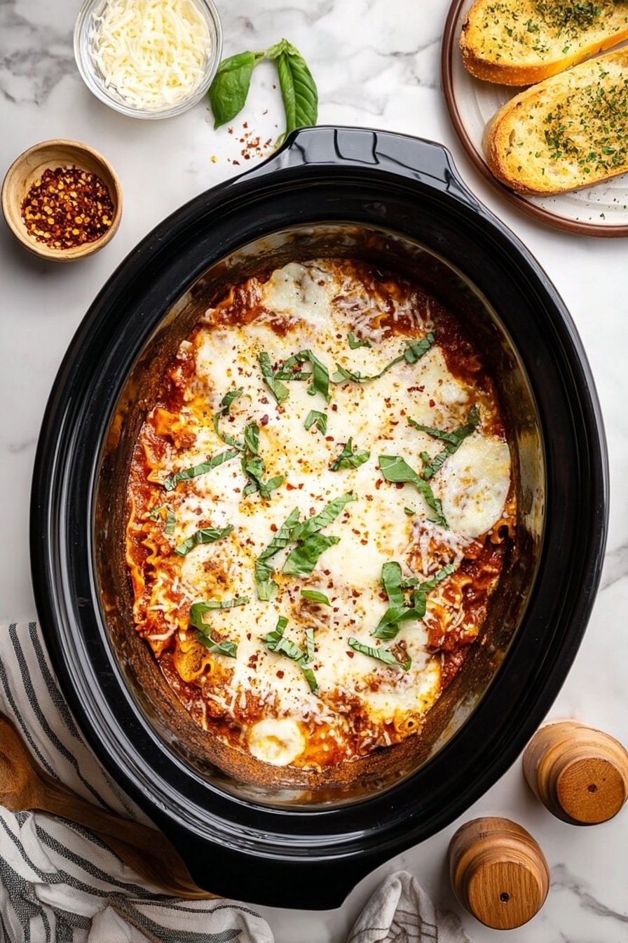 The image shows a black oval slow cooker filled with a baked lasagna. The lasagna has three visible layers: a base layer of reddish tomato sauce with visible pasta edges, a middle layer of melted white cheese with a slightly golden tint in some parts, and a top layer sprinkled with fresh green basil leaves and small bits of red pepper flakes. The edges of the lasagna are slightly browned and crispy. Around the cooker on a white marbled surface, there are small bowls of grated cheese and red pepper flakes, a clear glass of water, two wooden salt and pepper grinders, a round plate with slices of garlic bread sprinkled with herbs, and a wooden spoon resting on a striped cloth. photo taken with an iphone --ar 2:3 --v 7 - Crockpot Lasagna, slow cooker lasagna recipe, easy crockpot lasagna, homemade lasagna in crockpot, simple lazy lasagna