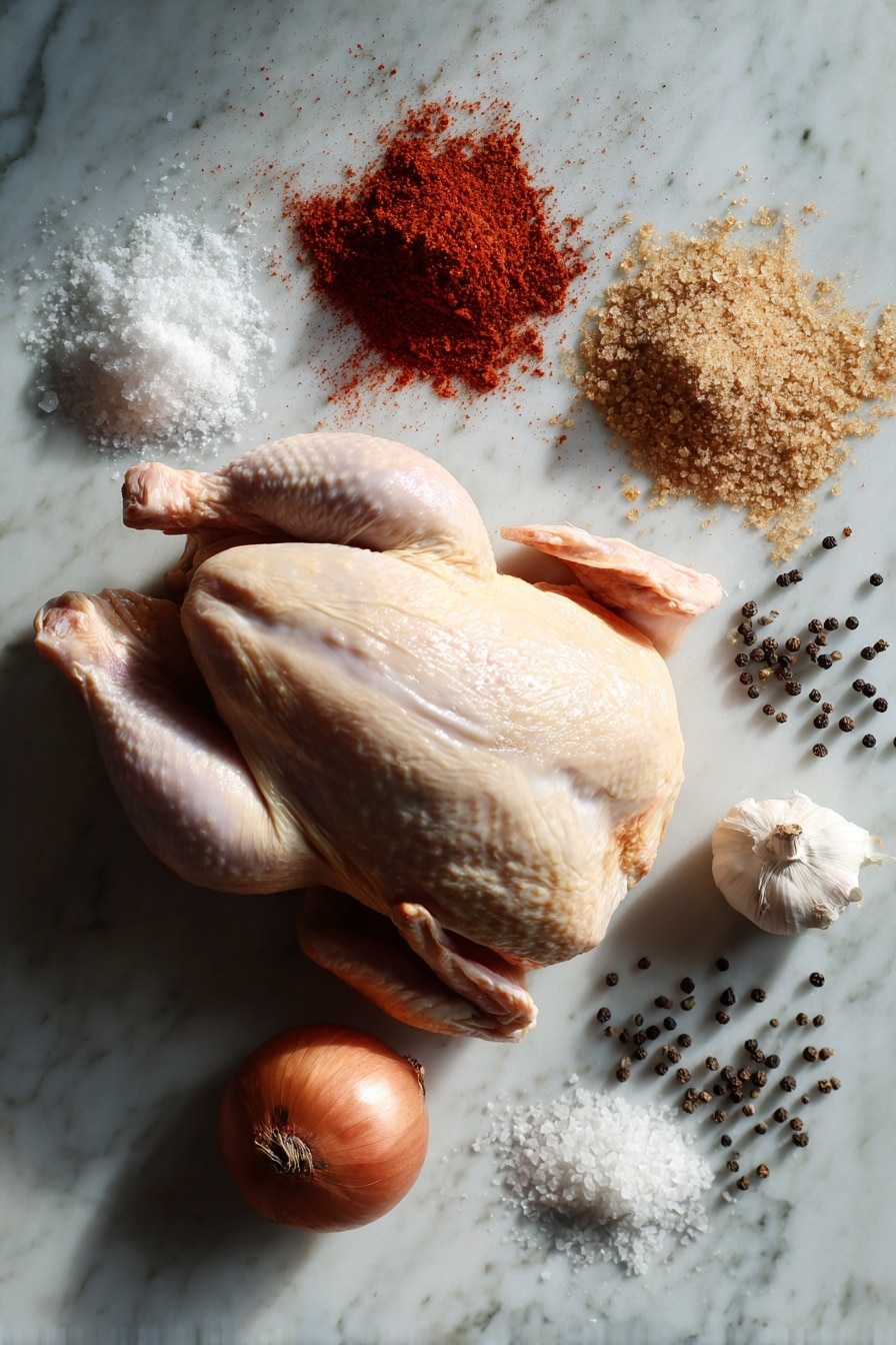 Flat lay of a whole raw chicken, brown sugar crystals, smoked paprika powder with its deep red hue, white garlic powder, onion powder, coarse salt crystals, and black peppercorns scattered artistically, all placed on a white marble surface, photo taken with an iphone --ar 2:3 --v 7 - Slow Cooker Whole Chicken with Spiced Crispy Skin, slow cooker chicken, crispy skin chicken recipe, easy slow cooker dinner, spicy roasted chicken