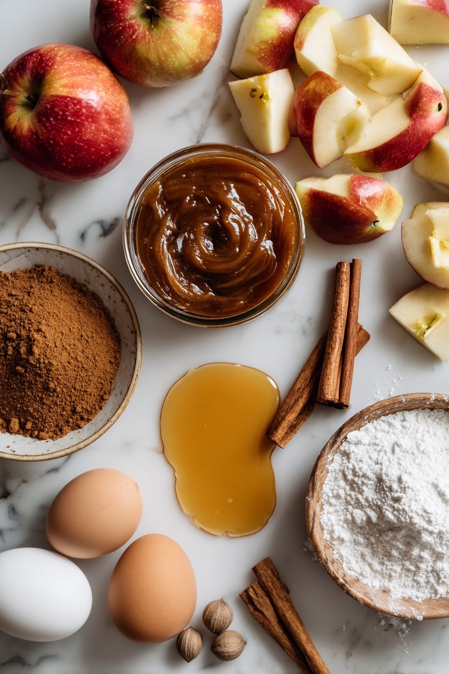 Flat lay of golden browned butter in a small pool, glossy apple butter in a jar, light and dark brown sugars heaped with cinnamon sticks resting beside, chopped Honeycrisp apples with their red and yellow skin peeking through, whole eggs with smooth shells, warm maple syrup glistening in a shallow puddle, a sprinkle of fine powdered sugar dusted delicately nearby, and a few nutmeg seeds scattered artistically, placed on a white marble surface, photo taken with an iphone --ar 2:3 --v 7 - Brown Butter Apple Blondies with Cinnamon Maple Glaze, fall apple blondies, cozy dessert recipes, cinnamon glazed blondies, easy apple dessert