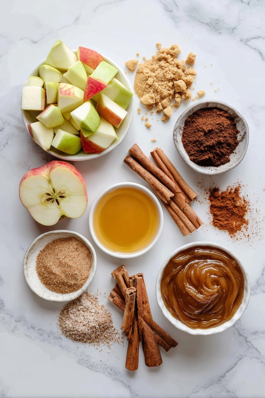 Flat lay of chopped honeycrisp apple pieces, a small mound of dark brown sugar, cinnamon sticks, ground cinnamon and nutmeg powders in neat piles, a drizzle of golden maple syrup pooling slightly, melted and browned butter with its rich caramel color, a swirl of apple butter, and a sprinkle of cinnamon sugar crystals, all beautifully arranged on a white marble surface, photo taken with an iphone --ar 2:3 --v 7 - Baked Apple Cider Doughnuts with Cinnamon Maple Glaze, apple cider doughnut recipes, fall baked doughnuts, cinnamon maple glaze donuts, cozy autumn dessert