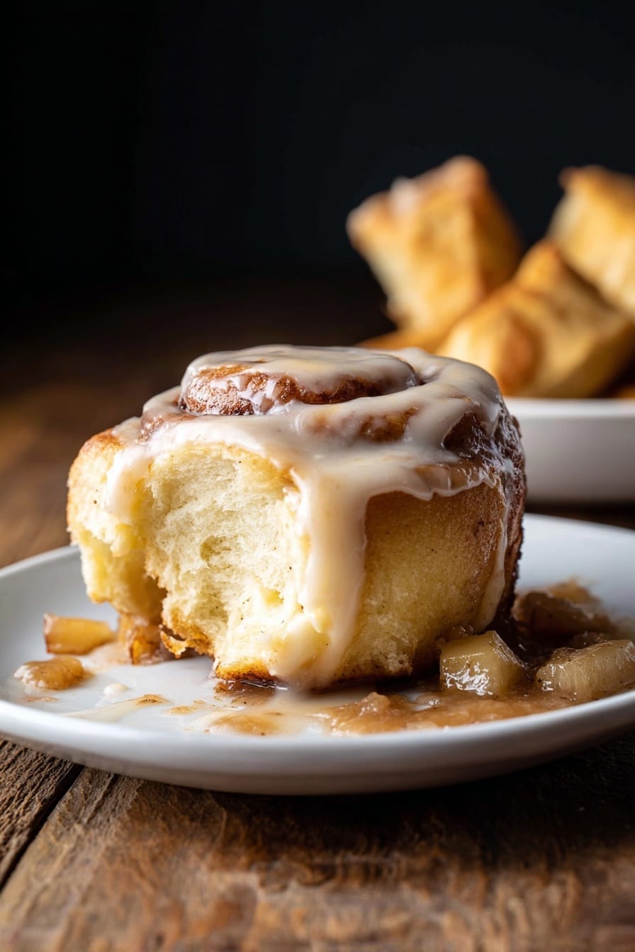 A single cinnamon roll is placed at the center of a white plate on a wooden surface. The cinnamon roll is light golden brown with visible swirls of cinnamon and a thick, creamy beige icing covering the top and slightly dripping down the sides. Around the cinnamon roll, there is a light brown sauce with small pieces of apple-like chunks scattered on the plate. To the left, a portion of the cinnamon roll is torn off, showing its soft, fluffy, and yellowish interior texture. In the background, three pieces of torn pastry or dough stand upright, slightly out of focus. The background is dark, creating a strong contrast with the plate and the cinnamon roll. photo taken with an iphone --ar 2:3 --v 7 - Apple Cinnamon Rolls with Brown Butter Maple Icing, cinnamon rolls with apple filling, fall breakfast ideas, easy cinnamon roll recipe, apple dessert recipes