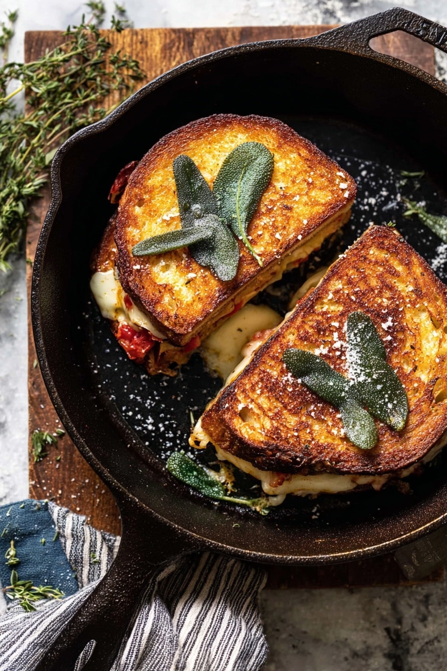 Two grilled sandwiches with golden brown crusts sit in a black cast iron pan, each topped with crispy green sage leaves and sprinkled with coarse salt. The sandwiches show a glimpse of melted cheese and slices of red tomato peeking from inside. The pan is placed on a rough wooden board, with fresh herbs scattered around and a striped cloth napkin at the edge. The background is changed to a white marbled texture. photo taken with an iphone --ar 2:3 --v 7 - French Onion and Apple Grilled Cheese, caramelized onion grilled cheese, apple grilled cheese sandwich, savory sweet grilled cheese, autumn grilled cheese recipe