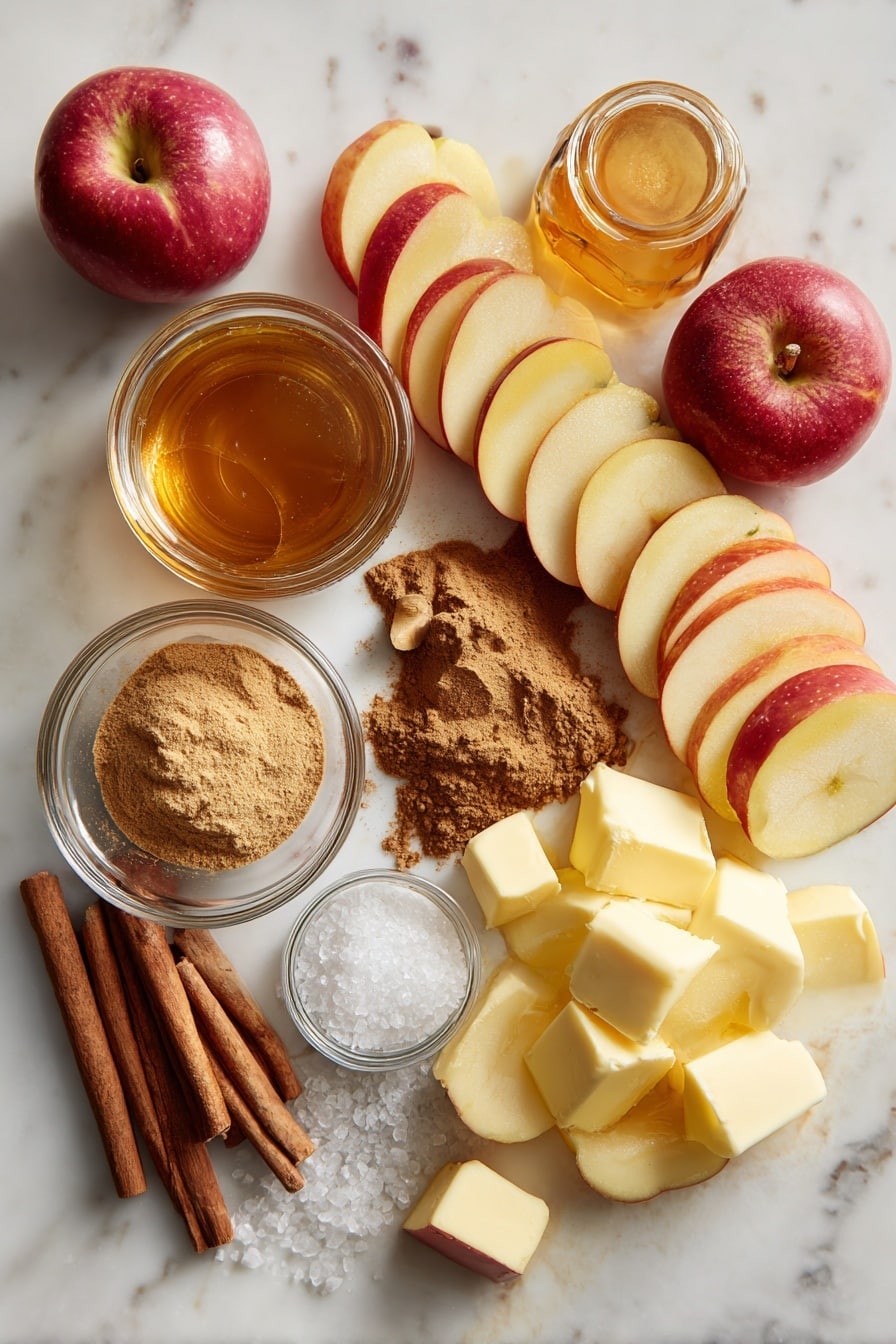 Flat lay of thinly sliced Honeycrisp apples with their red and yellow skin, a small jar of golden apple butter, a pile of ground cinnamon powder, whole sticks of cinnamon, a mound of granulated sugar, a drizzle of warm amber maple syrup, a few cubes of cold salted butter, and a small glass of rich apple cider, all beautifully arranged with soft natural light, placed on a white marble surface, photo taken with an iphone --ar 2:3 --v 7 - Easy Cinnamon Sugar Apple Cake, cinnamon apple cake recipe, fall apple cake, moist apple dessert, cozy autumn cake