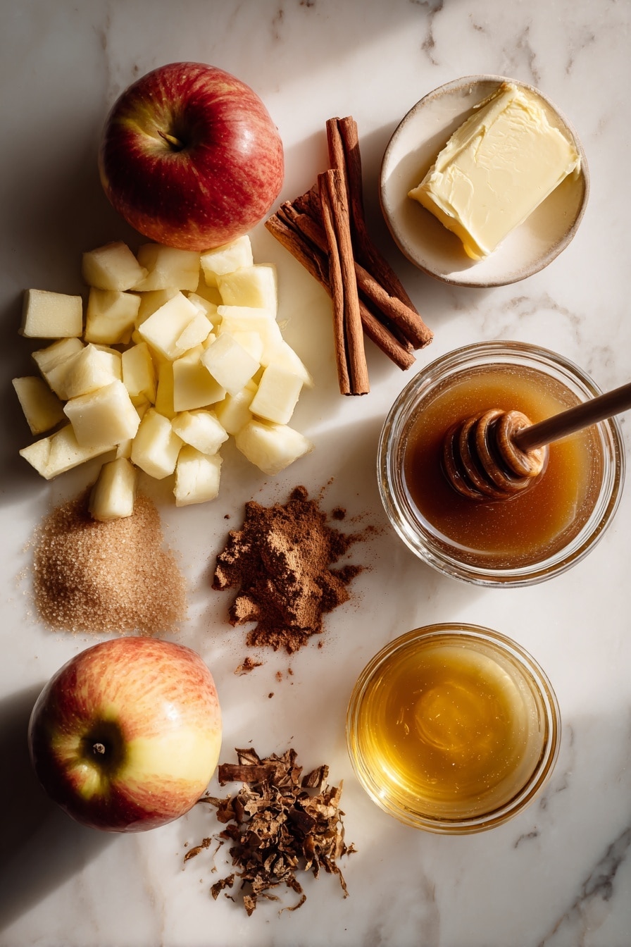 Flat lay of a Honeycrisp apple chopped into small pieces, a small pile of dark brown sugar, a few sticks of cinnamon, ground nutmeg and ground ginger scattered delicately, a pat of salted butter partially melted, a small jar of smooth apple butter with a wooden dipper beside it, and a small glass bowl of golden apple cider reduction, all beautifully arranged with warm lighting and natural shadows placed on a white marble surface, photo taken with an iphone --ar 2:3 --v 7 - Baked Cinnamon Crunch Apple Cider Doughnuts, baked apple cider doughnuts, cinnamon sugar doughnuts, fall baked doughnuts, easy oven baked doughnuts